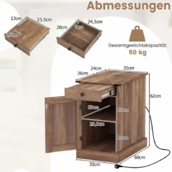 Beistelltisch Beistellschran`k mit Ladestation Nachttisch mit klappbarer Tischplatte Schublade Rustikales Braun
