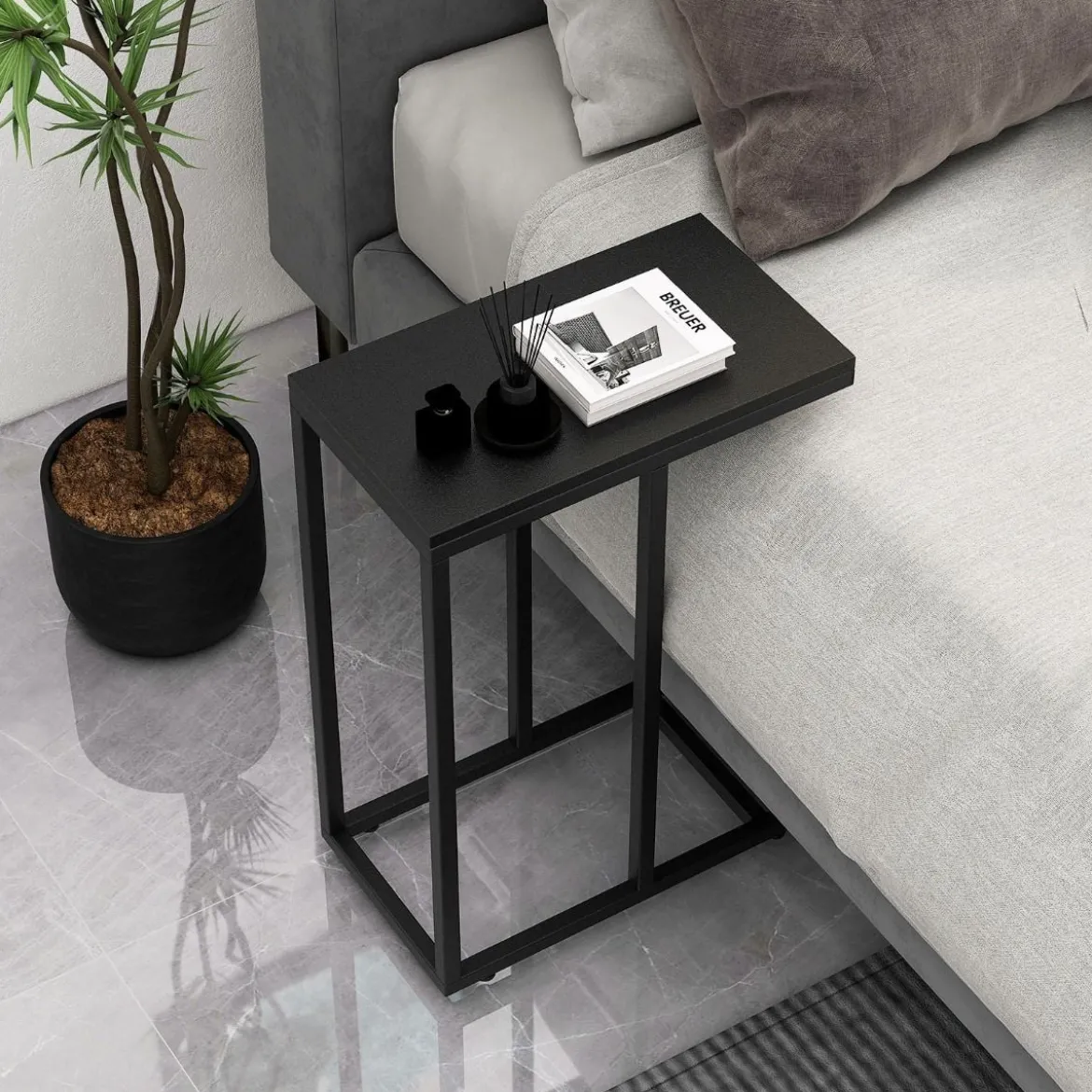 Beistelltisch C-Form Sofatisch mit Metallgestell Kaffeetisch für Wohnzimmer Rustikales Braun/Grau/Schwarz