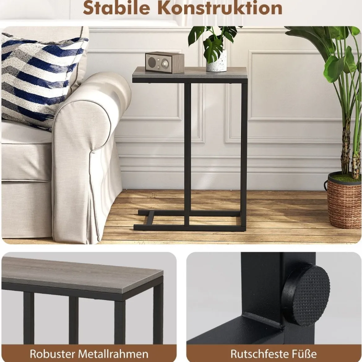 Beistelltisch C-Form Sofatisch mit Metallgestell Kaffeetisch für Wohnzimmer Rustikales Braun/Grau/Schwarz