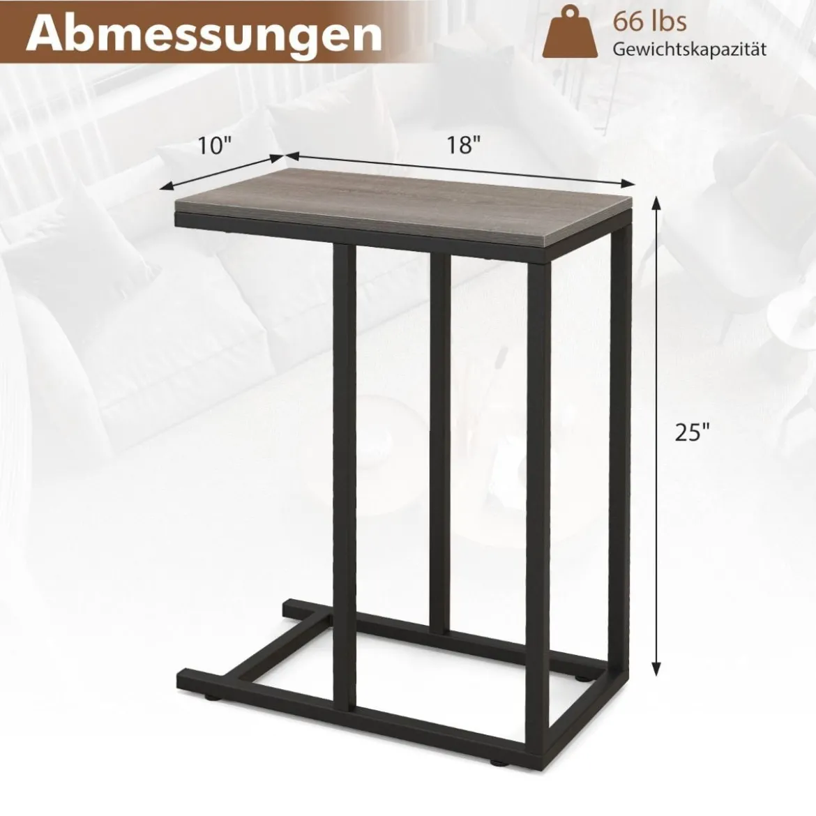 Beistelltisch C-Form Sofatisch mit Metallgestell Kaffeetisch für Wohnzimmer Rustikales Braun/Grau/Schwarz