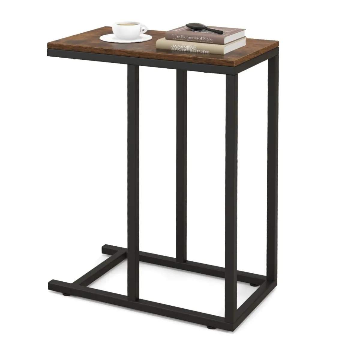 Beistelltisch C-Form Sofatisch mit Metallgestell Kaffeetisch für Wohnzimmer Rustikales Braun/Grau/Schwarz