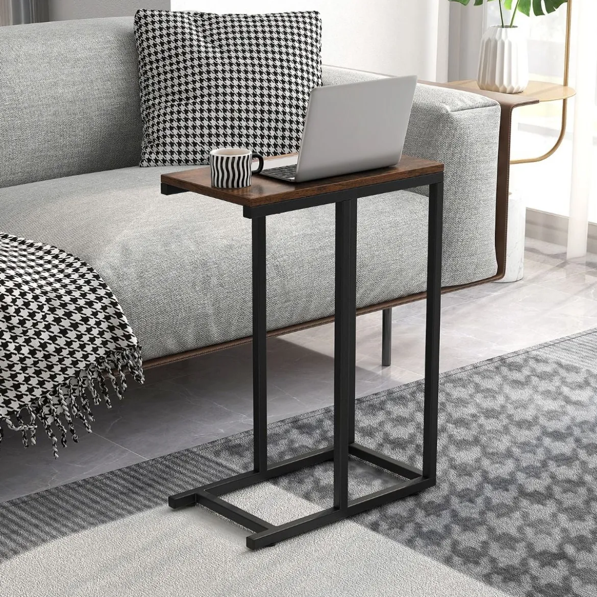 Beistelltisch C-Form Sofatisch mit Metallgestell Kaffeetisch für Wohnzimmer Rustikales Braun/Grau/Schwarz