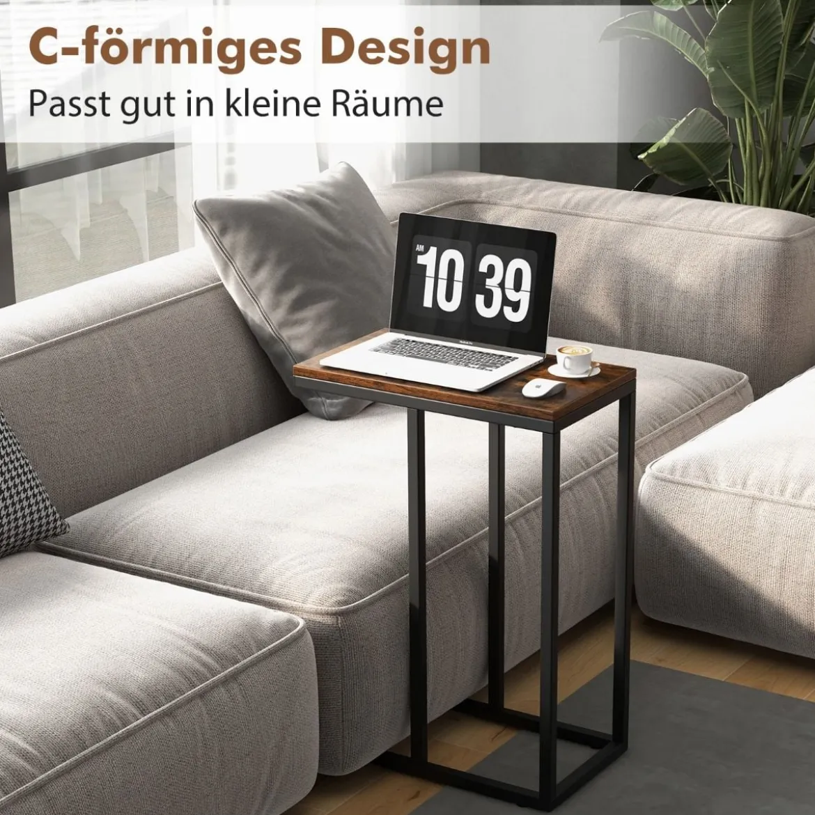 Beistelltisch C-Form Sofatisch mit Metallgestell Kaffeetisch für Wohnzimmer Rustikales Braun/Grau/Schwarz