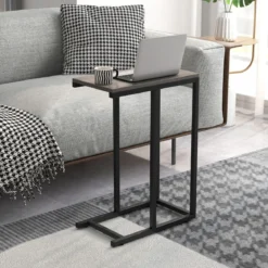 Beistelltisch C-Form Sofatisch mit Metallgestell Kaffeetisch für Wohnzimmer Rustikales Braun/Grau/Schwarz