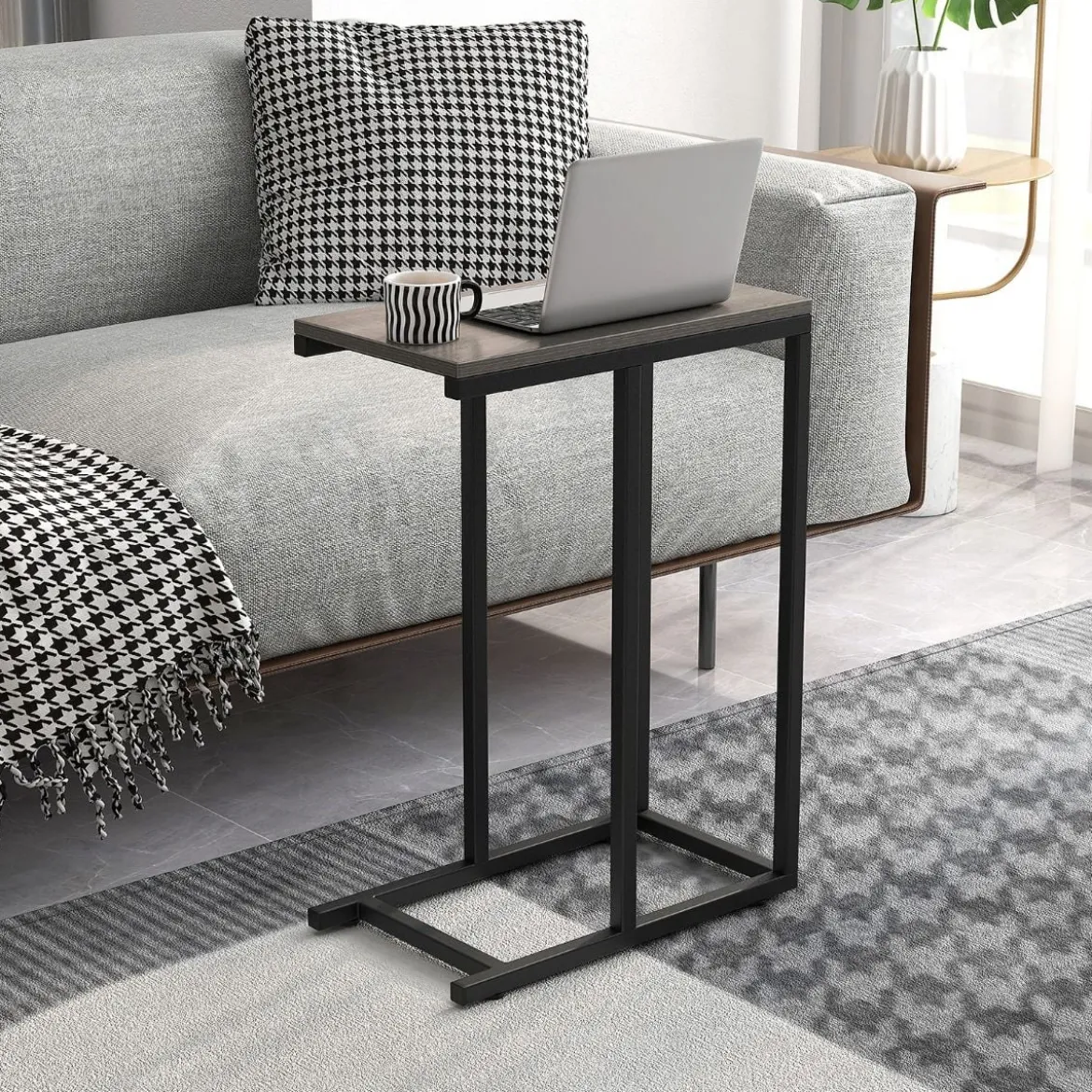 Beistelltisch C-Form Sofatisch mit Metallgestell Kaffeetisch für Wohnzimmer Rustikales Braun/Grau/Schwarz
