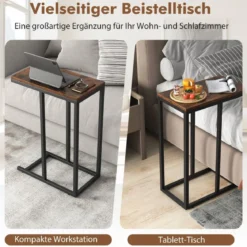 Beistelltisch C-Form Sofatisch mit Metallgestell Kaffeetisch für Wohnzimmer Rustikales Braun/Grau/Schwarz