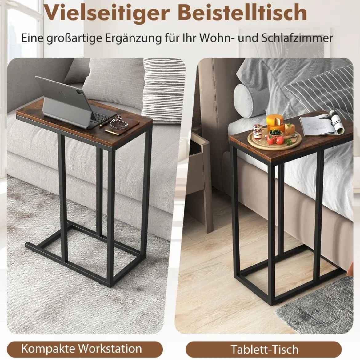 Beistelltisch C-Form Sofatisch mit Metallgestell Kaffeetisch für Wohnzimmer Rustikales Braun/Grau/Schwarz