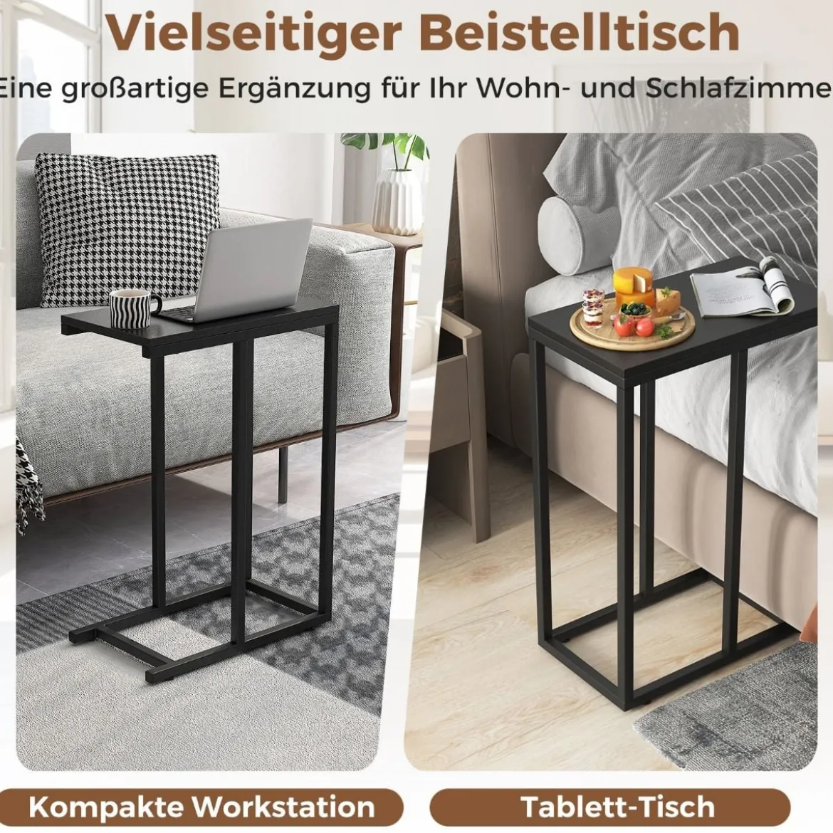 Beistelltisch C-Form Sofatisch mit Metallgestell Kaffeetisch für Wohnzimmer Rustikales Braun/Grau/Schwarz