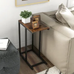 Beistelltisch C-Form Sofatisch mit Metallgestell Kaffeetisch für Wohnzimmer Rustikales Braun/Grau/Schwarz