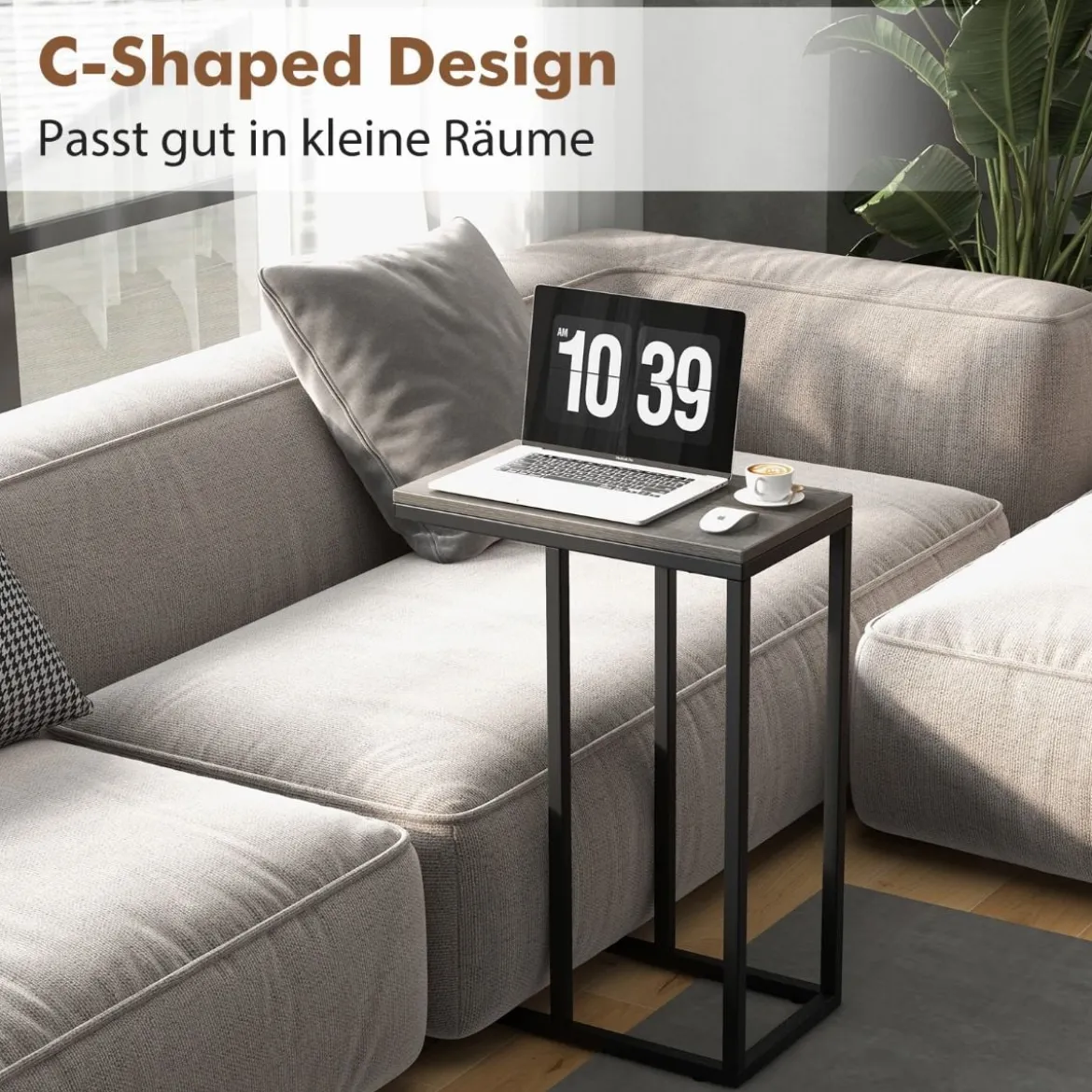 Beistelltisch C-Form Sofatisch mit Metallgestell Kaffeetisch für Wohnzimmer Rustikales Braun/Grau/Schwarz