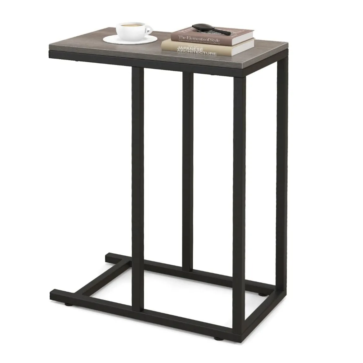 Beistelltisch C-Form Sofatisch mit Metallgestell Kaffeetisch für Wohnzimmer Rustikales Braun/Grau/Schwarz