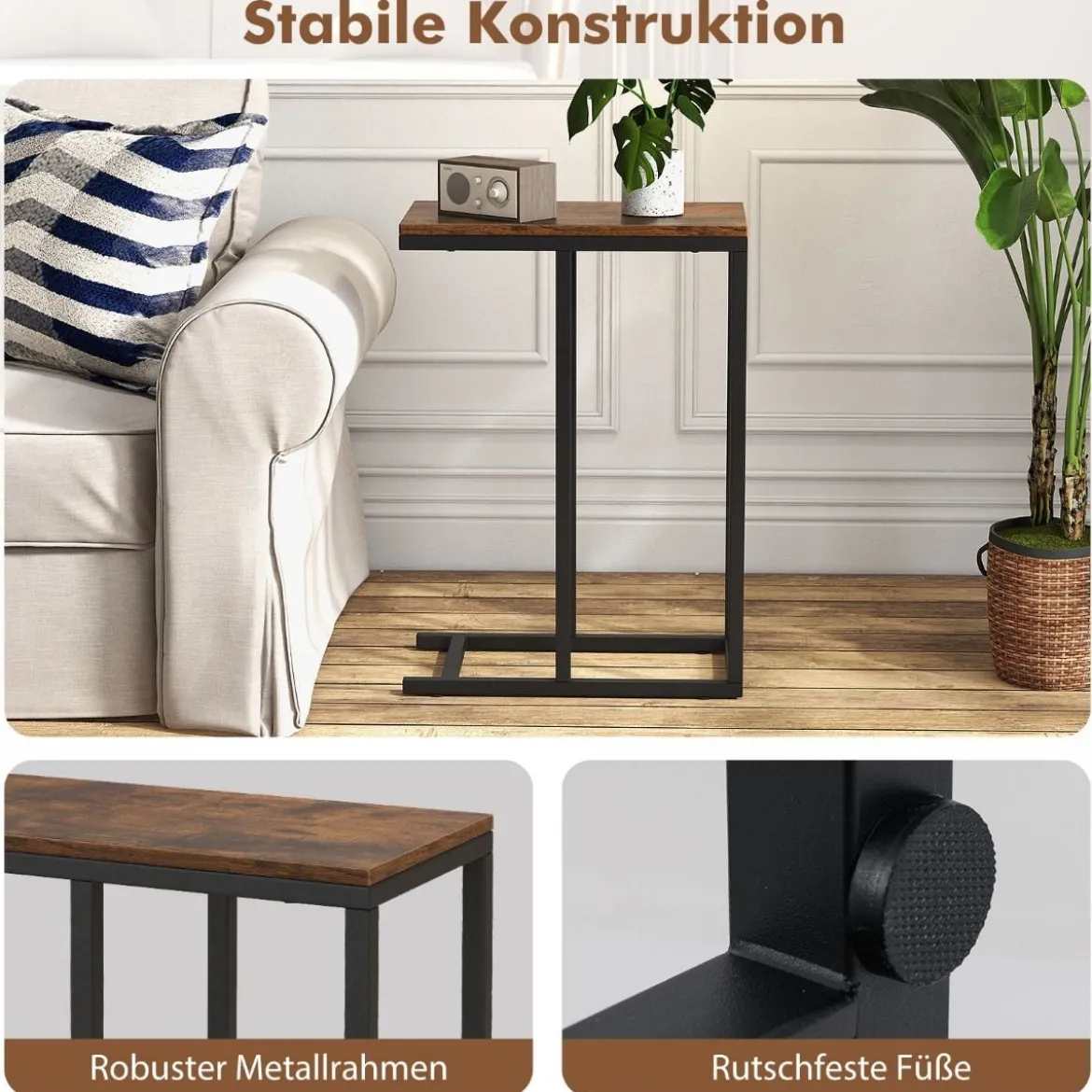 Beistelltisch C-Form Sofatisch mit Metallgestell Kaffeetisch für Wohnzimmer Rustikales Braun/Grau/Schwarz