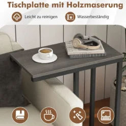 Beistelltisch C-Form Sofatisch mit Metallgestell Kaffeetisch für Wohnzimmer Rustikales Braun/Grau/Schwarz