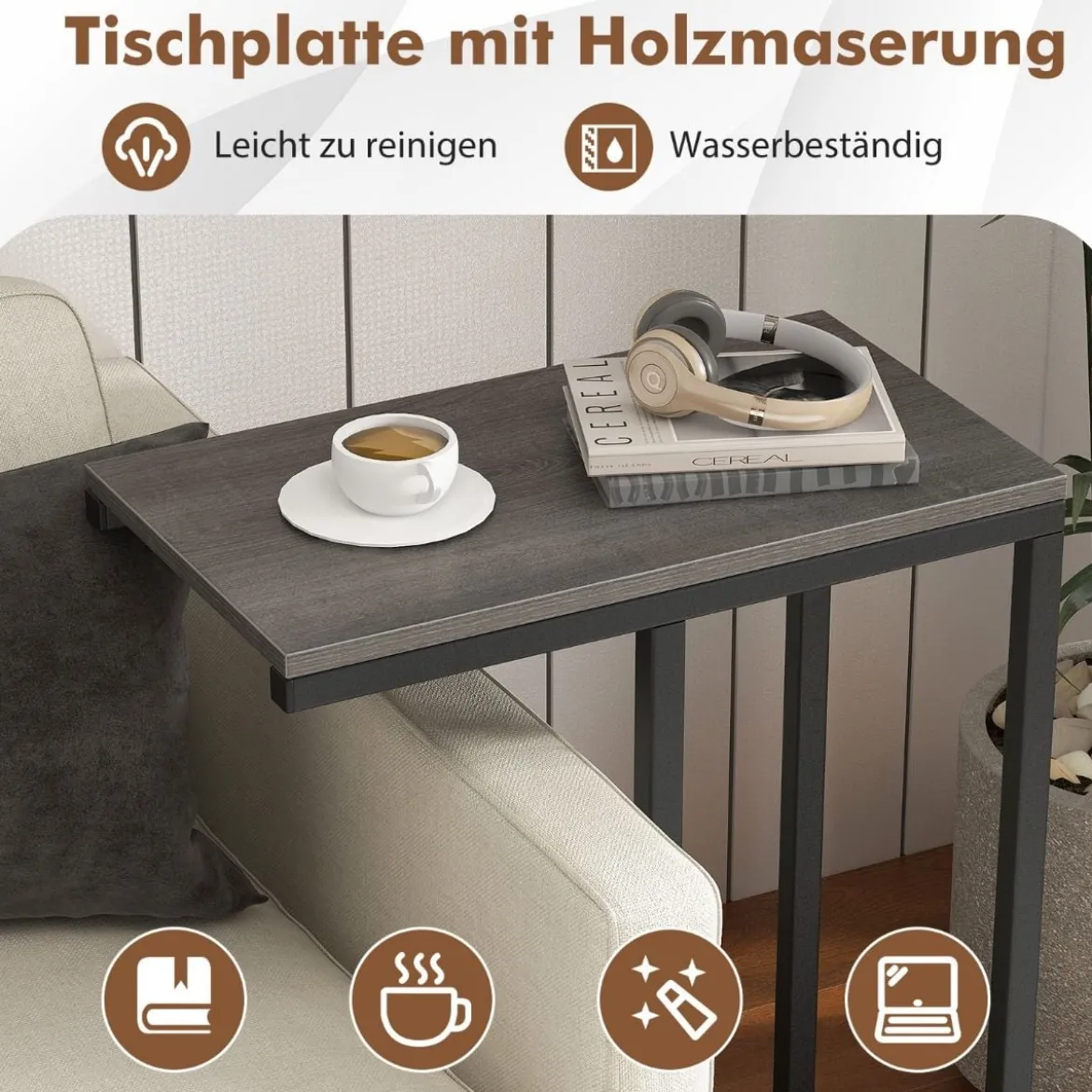 Beistelltisch C-Form Sofatisch mit Metallgestell Kaffeetisch für Wohnzimmer Rustikales Braun/Grau/Schwarz
