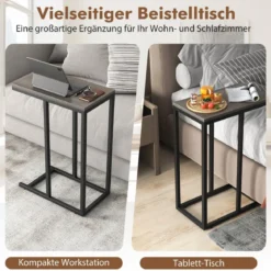 Beistelltisch C-Form Sofatisch mit Metallgestell Kaffeetisch für Wohnzimmer Rustikales Braun/Grau/Schwarz
