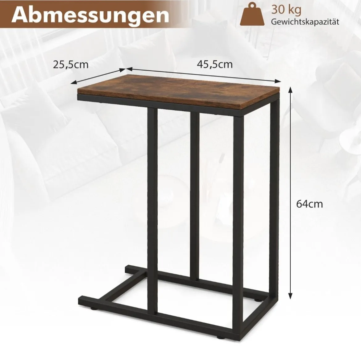 Beistelltisch C-Form Sofatisch mit Metallgestell Kaffeetisch für Wohnzimmer Rustikales Braun/Grau/Schwarz
