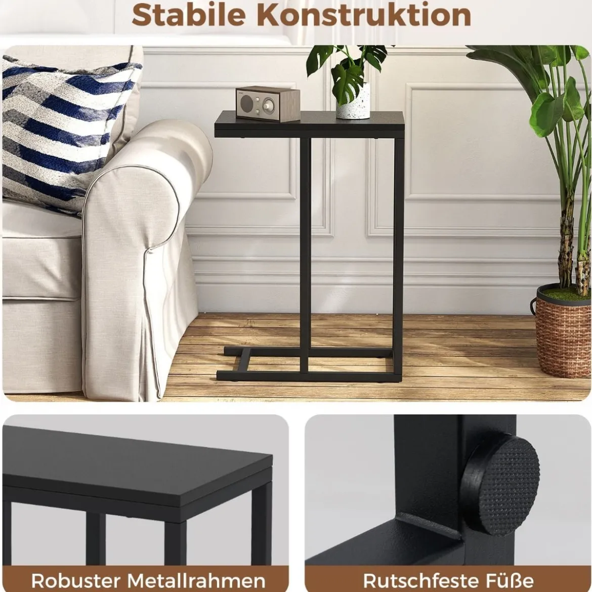 Beistelltisch C-Form Sofatisch mit Metallgestell Kaffeetisch für Wohnzimmer Rustikales Braun/Grau/Schwarz