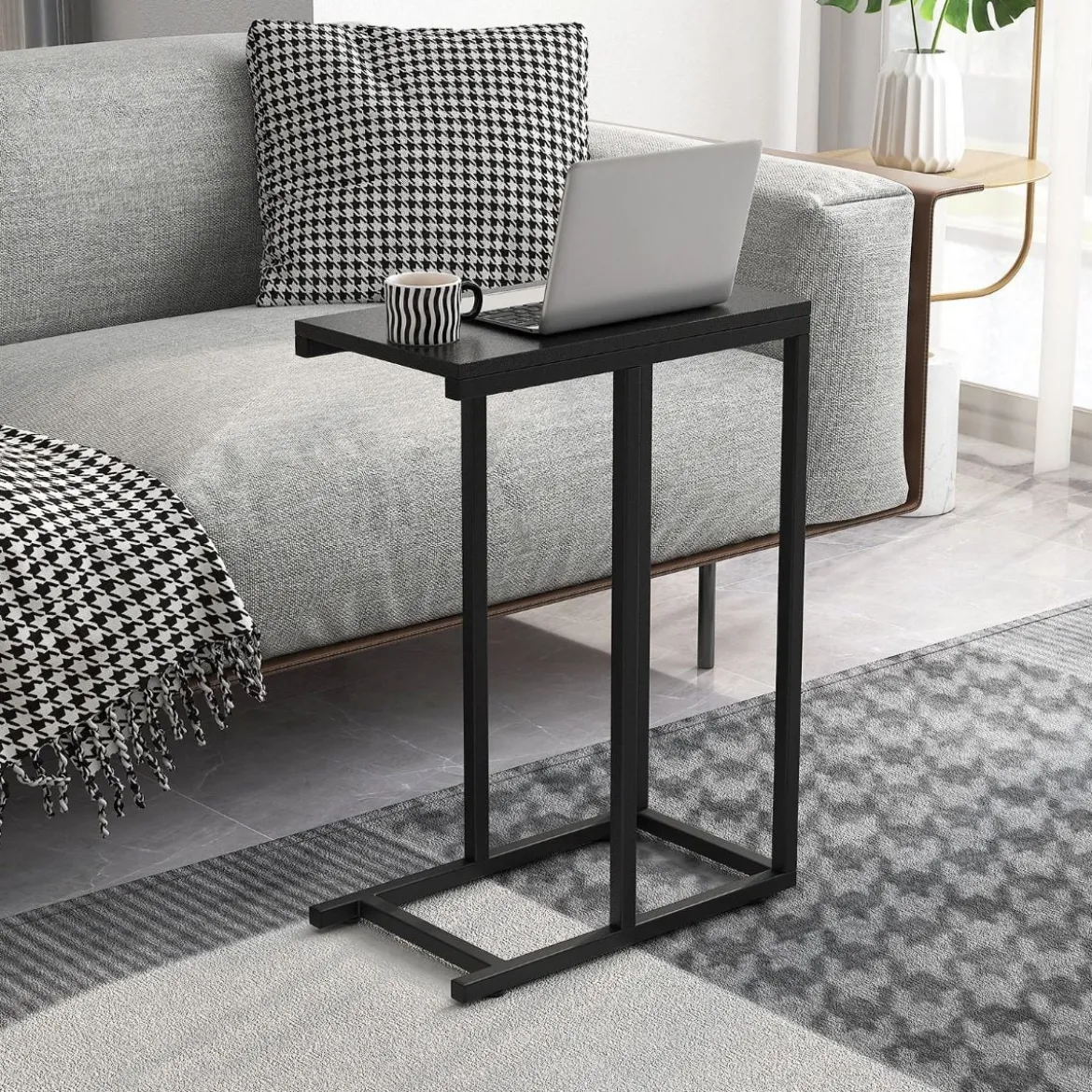 Beistelltisch C-Form Sofatisch mit Metallgestell Kaffeetisch für Wohnzimmer Rustikales Braun/Grau/Schwarz
