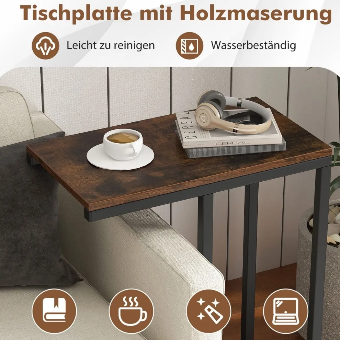 Beistelltisch C-Form Sofatisch mit Metallgestell Kaffeetisch für Wohnzimmer Rustikales Braun/Grau/Schwarz
