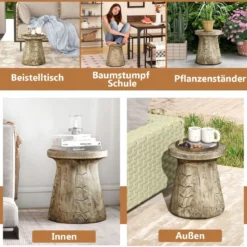 Beistelltisch drinnen & draußen pilzförmiger Pflanzenständer holzähnlicher Hocker wetterfester Tisch aus Naturstein mit Holzmaserung Natur