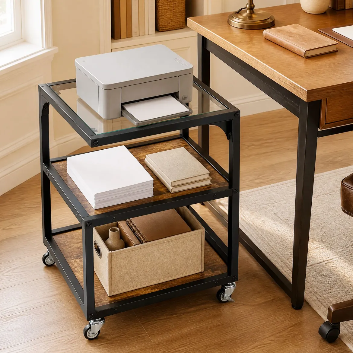Beistelltisch 3 Ebenen Nachttisch mit Glasplatte Sofatisch Ausgehöhlt mit Stahlrahmen Braun