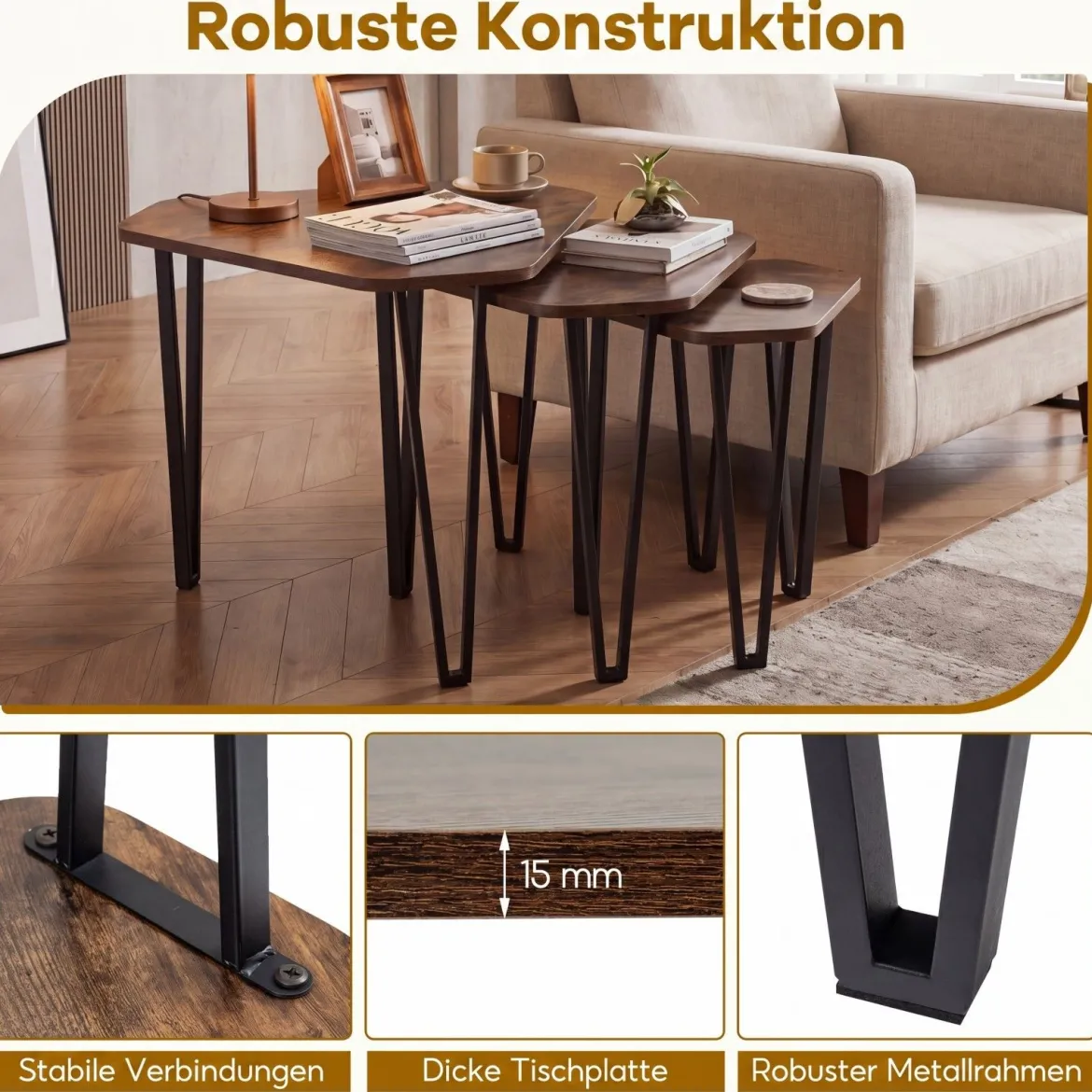 Beistelltisch 3er Set Verschachtelter Couchtisch in 3 Größen Satztisch mit Beinen aus Stahl Braun