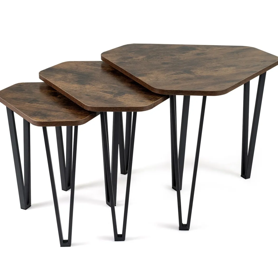 Beistelltisch 3er Set Verschachtelter Couchtisch in 3 Größen Satztisch mit Beinen aus Stahl Braun