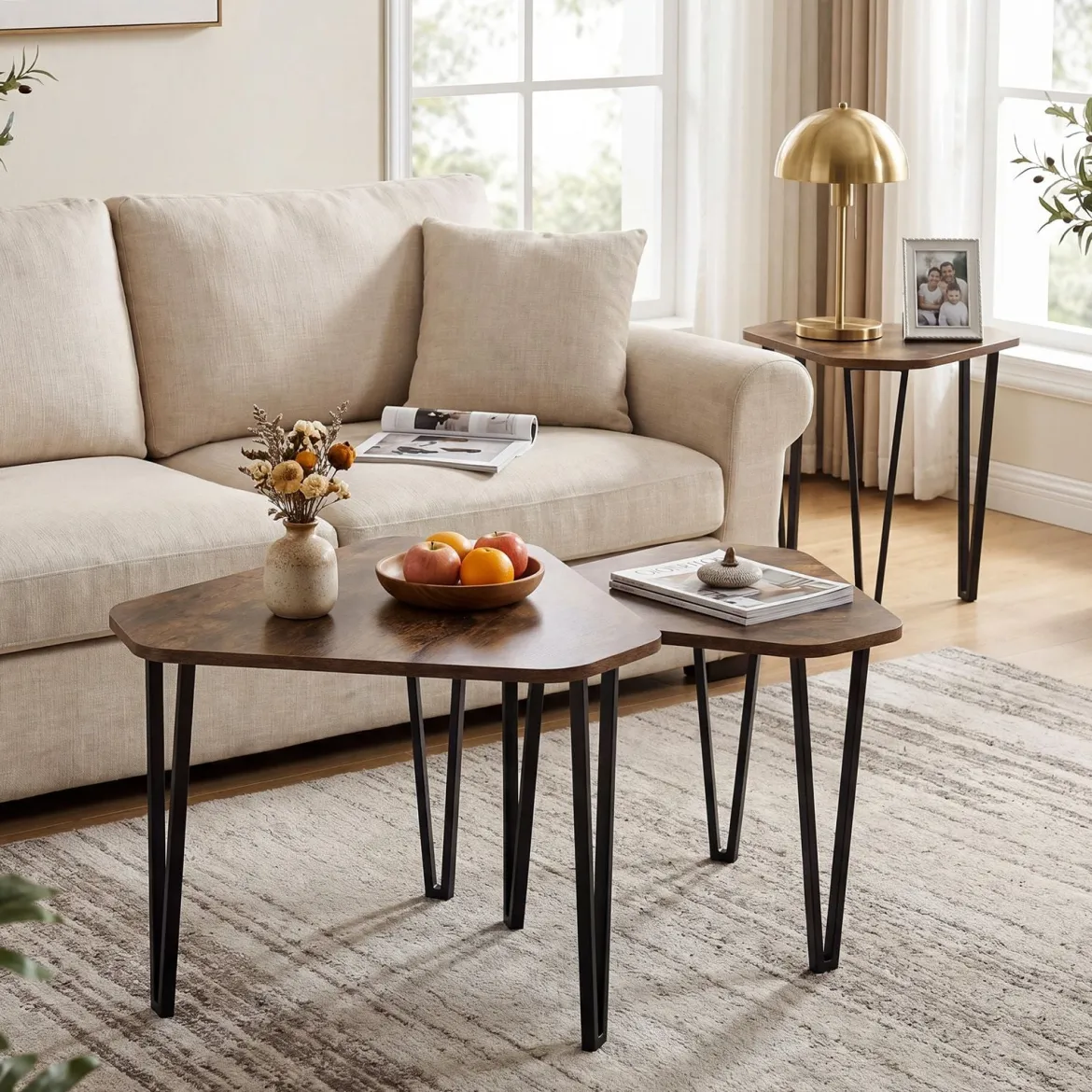 Beistelltisch 3er Set Verschachtelter Couchtisch in 3 Größen Satztisch mit Beinen aus Stahl Braun