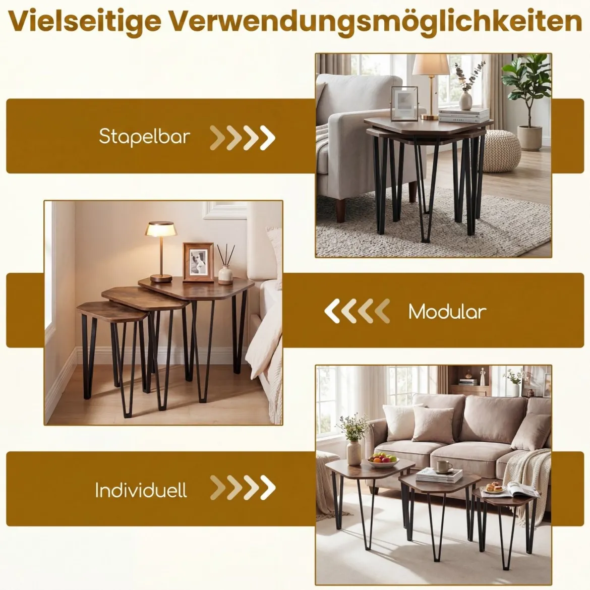 Beistelltisch 3er Set Verschachtelter Couchtisch in 3 Größen Satztisch mit Beinen aus Stahl Braun