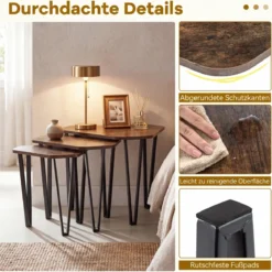 Beistelltisch 3er Set Verschachtelter Couchtisch in 3 Größen Satztisch mit Beinen aus Stahl Braun