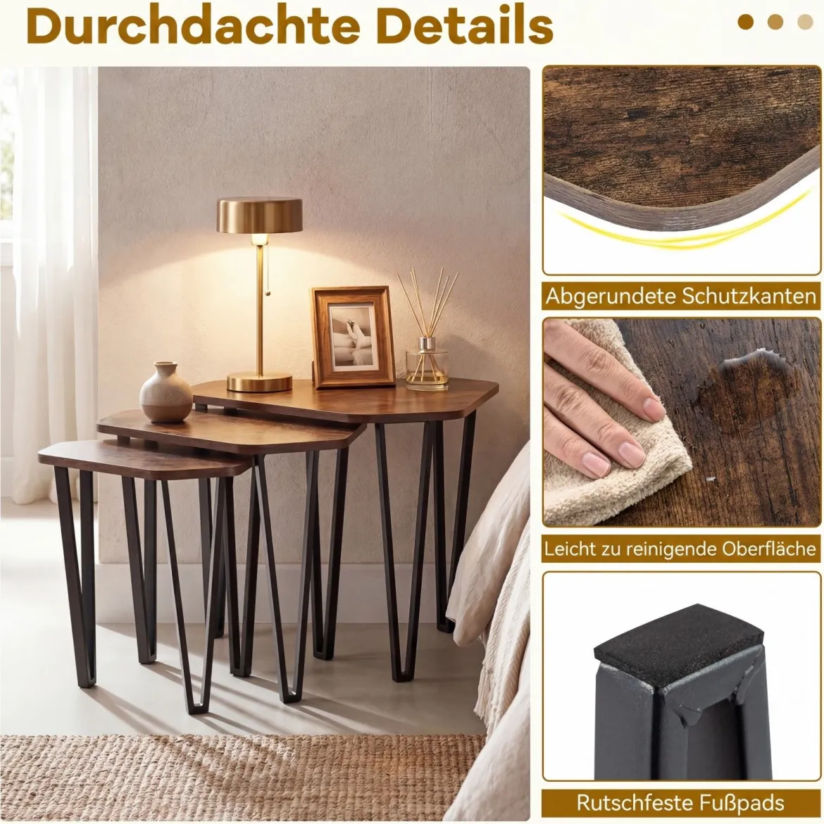 Beistelltisch 3er Set Verschachtelter Couchtisch in 3 Größen Satztisch mit Beinen aus Stahl Braun