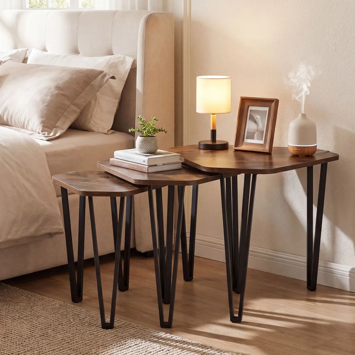 Beistelltisch 3er Set Verschachtelter Couchtisch in 3 Größen Satztisch mit Beinen aus Stahl Braun