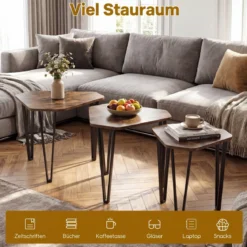 Beistelltisch 3er Set Verschachtelter Couchtisch in 3 Größen Satztisch mit Beinen aus Stahl Braun