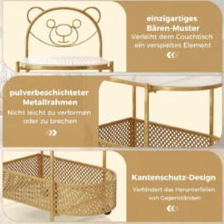 Beistelltisch Glas mit Rollen 2-stufiger Glastisch mit Bärenmuster 60 x 40 x 76 cm Gold/Weiß