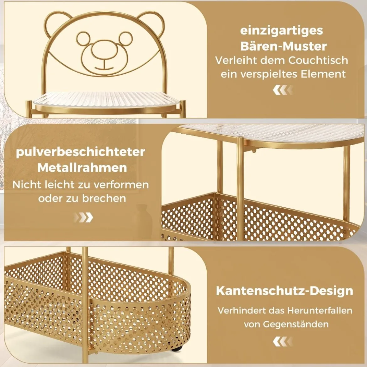 Beistelltisch Glas mit Rollen 2-stufiger Glastisch mit Bärenmuster 60 x 40 x 76 cm Gold/Weiß