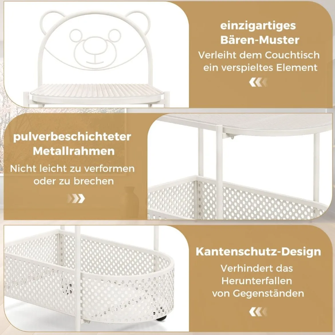 Beistelltisch Glas mit Rollen 2-stufiger Glastisch mit Bärenmuster 60 x 40 x 76 cm Gold/Weiß