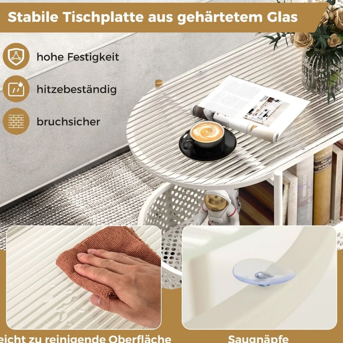 Beistelltisch Glas mit Rollen 2-stufiger Glastisch mit Bärenmuster 60 x 40 x 76 cm Gold/Weiß