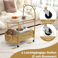 Beistelltisch Glas mit Rollen 2-stufiger Glastisch mit Bärenmuster 60 x 40 x 76 cm Gold/Weiß