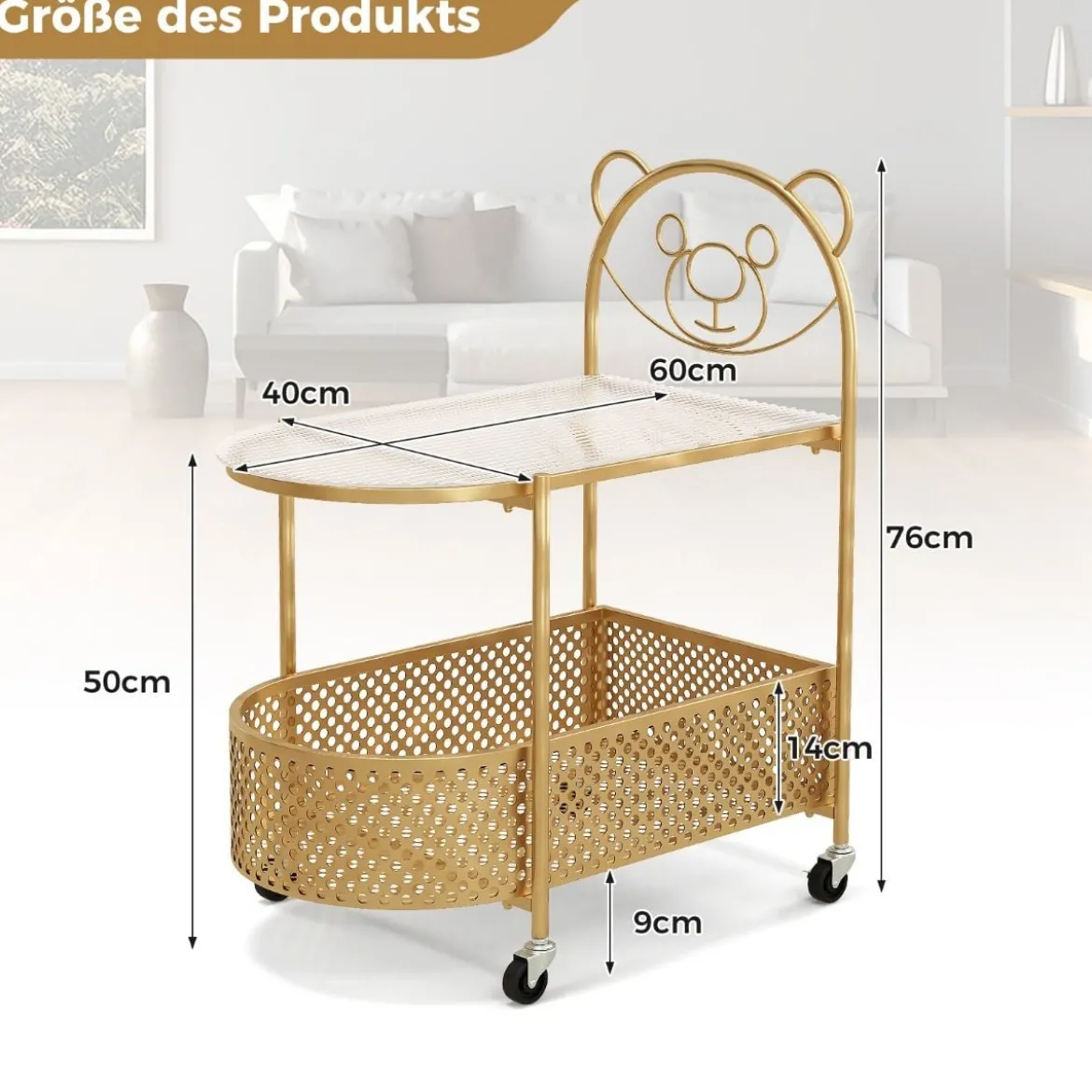 Beistelltisch Glas mit Rollen 2-stufiger Glastisch mit Bärenmuster 60 x 40 x 76 cm Gold/Weiß
