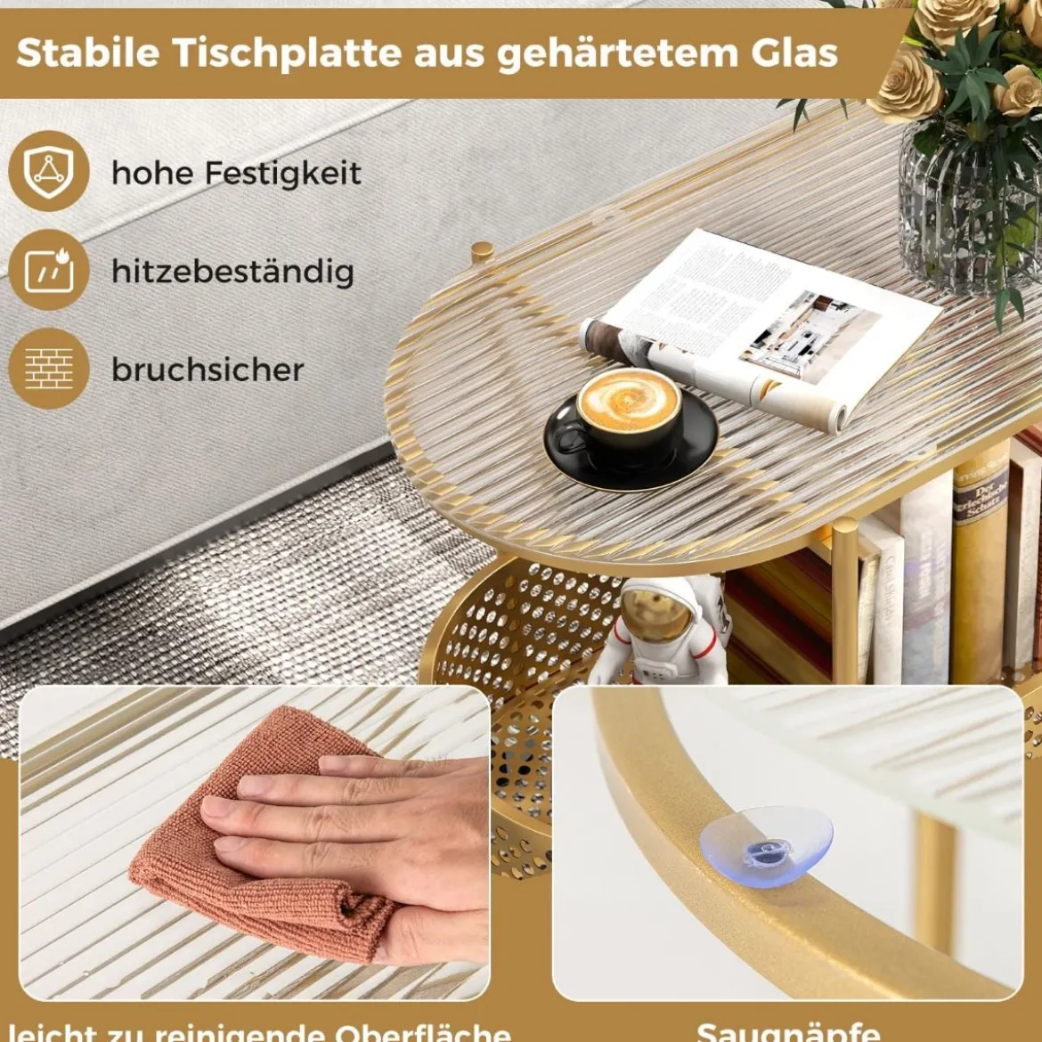 Beistelltisch Glas mit Rollen 2-stufiger Glastisch mit Bärenmuster 60 x 40 x 76 cm Gold/Weiß