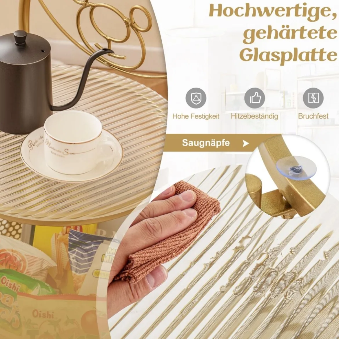 Beistelltisch Glas mit Rollen 2-stufiger Glastisch rund mit Bärenmuster Gold/Weiß