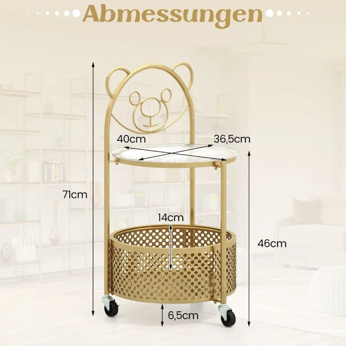Beistelltisch Glas mit Rollen 2-stufiger Glastisch rund mit Bärenmuster Gold/Weiß