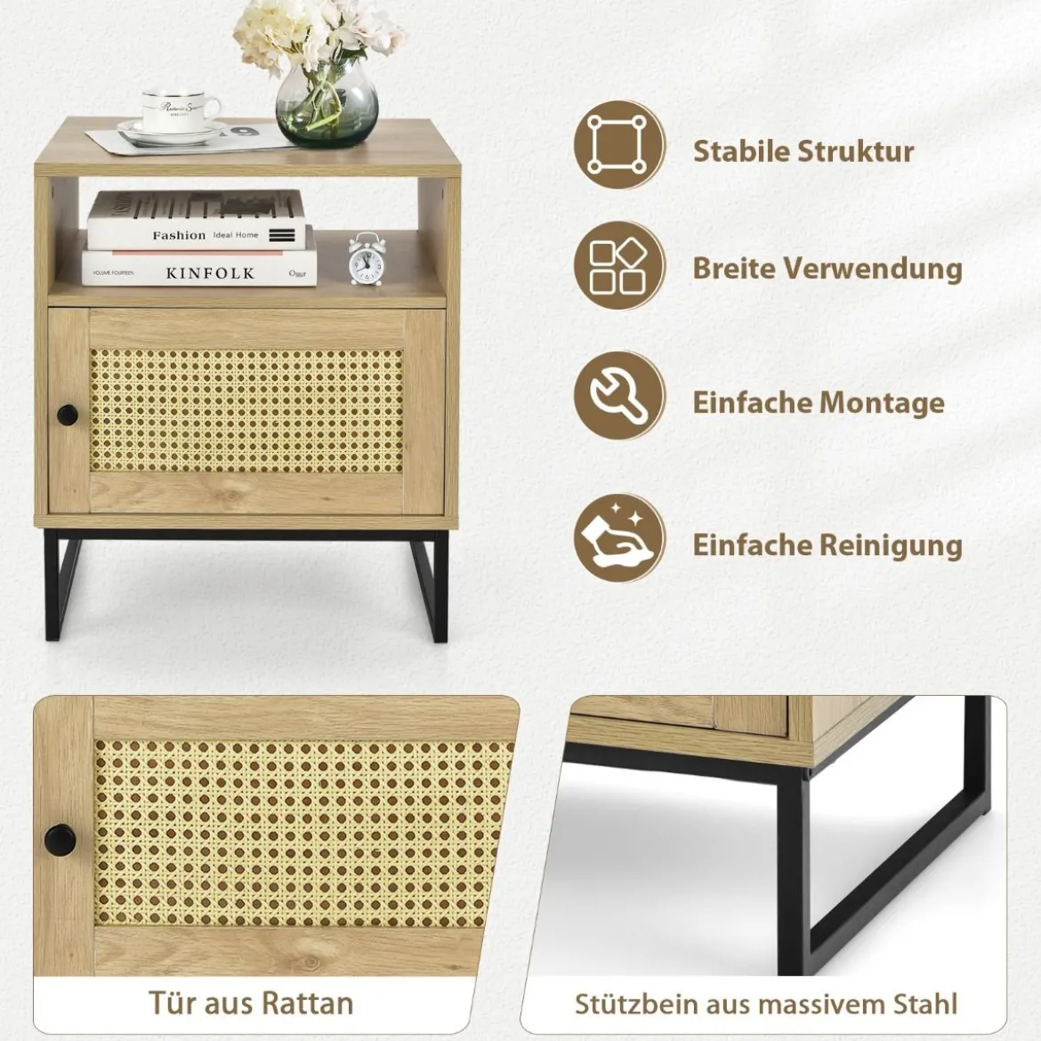 Beistelltisch Holzbeistelltisch mit Regal Nachttische mit Stahlsockel 48 x 40 x 56 cm Natur + Schwarz