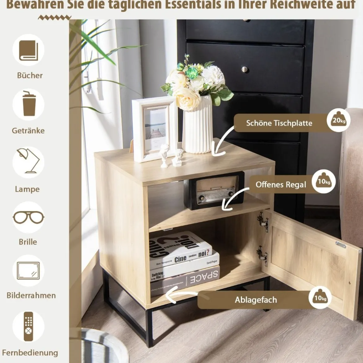 Beistelltisch Holzbeistelltisch mit Regal Nachttische mit Stahlsockel 48 x 40 x 56 cm Natur + Schwarz