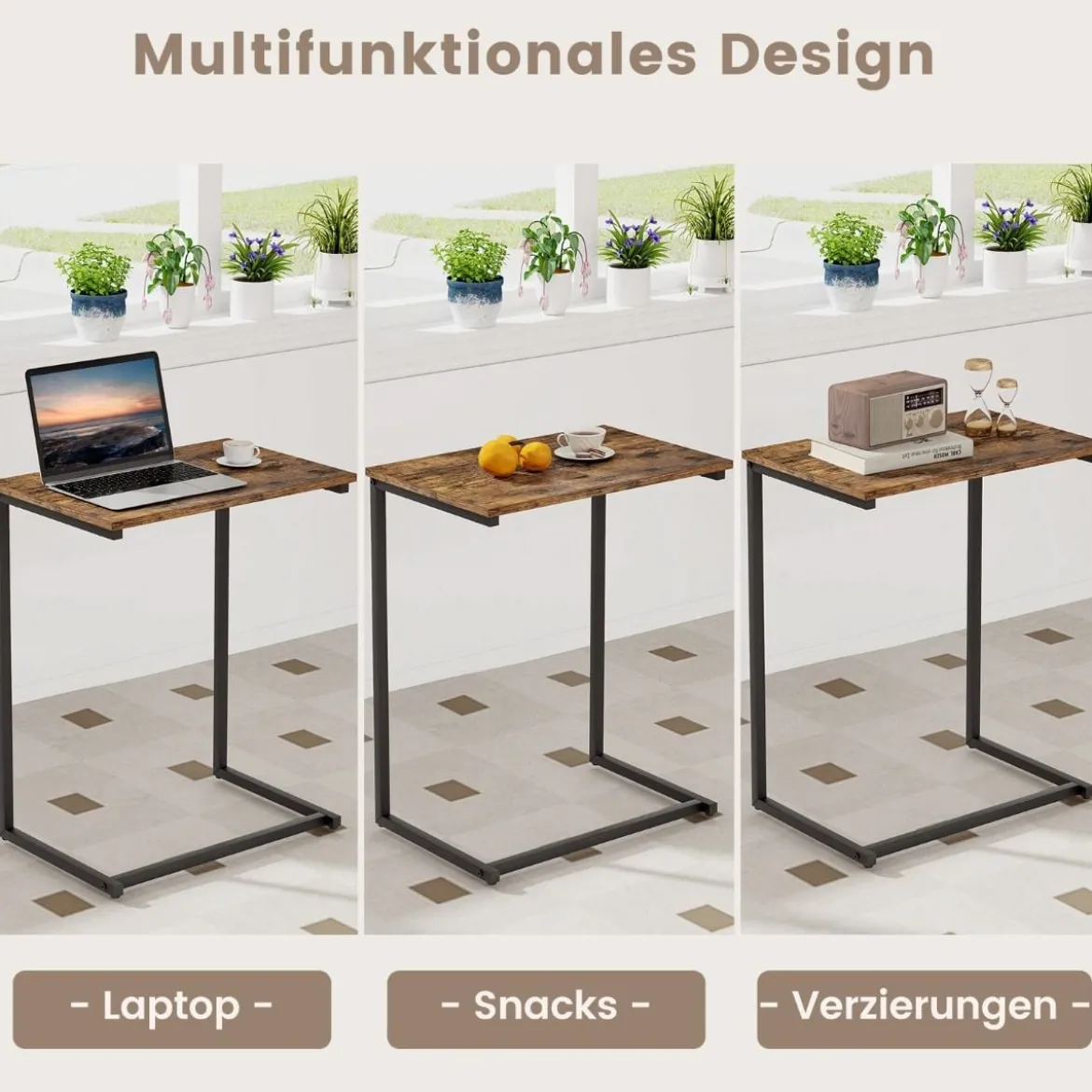 Beistelltisch Holz Metall Laptoptisch C-förmig Sofatisch 55 x 36 x 67 cm Schwarz + Braun