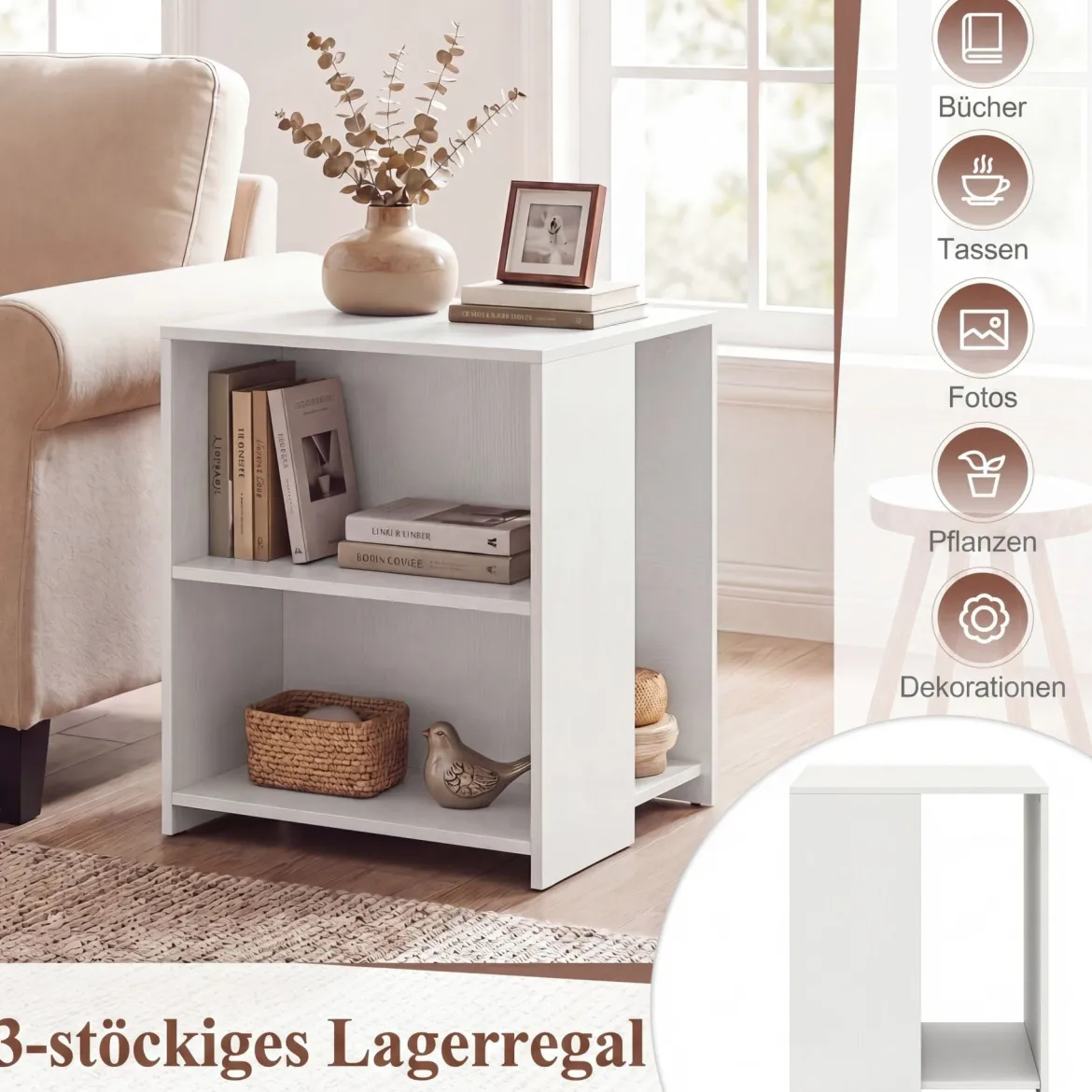 Beistelltisch Holz Quadratischer Sofatisch mit 3 Offenen Ablagefächern Multifunktionaler Wohnzimmertisch