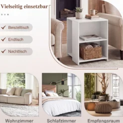 Beistelltisch Holz Quadratischer Sofatisch mit 3 Offenen Ablagefächern Multifunktionaler Wohnzimmertisch