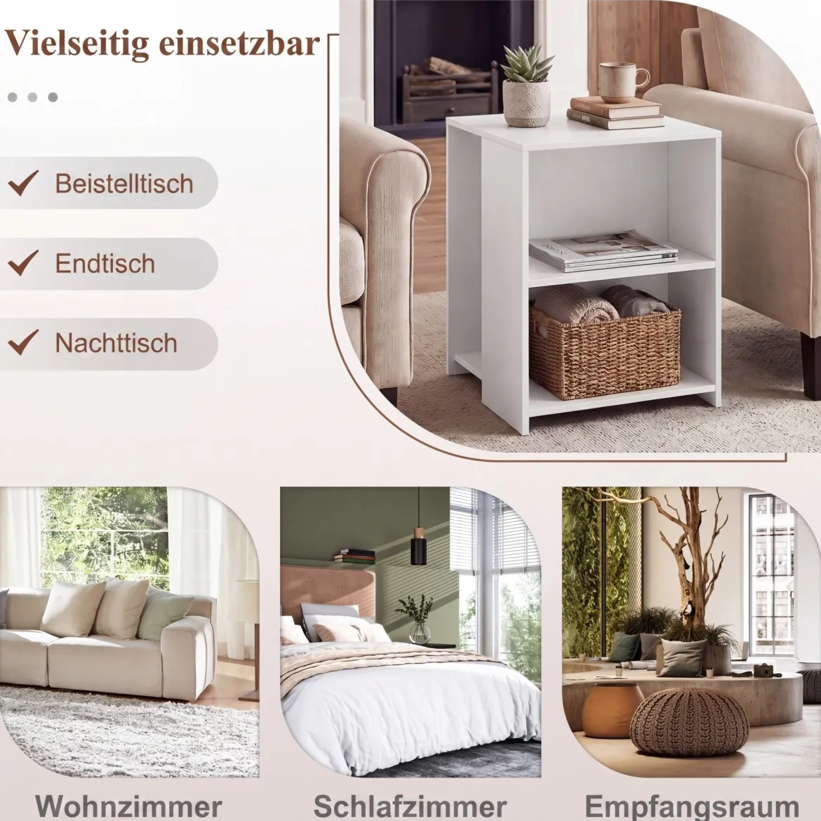 Beistelltisch Holz Quadratischer Sofatisch mit 3 Offenen Ablagefächern Multifunktionaler Wohnzimmertisch