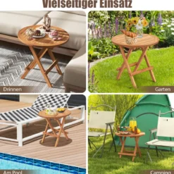 Beistelltisch klappbar wetterfester Klapptisch aus Teakholz runder Balkontisch 50 x 50 cm Natur
