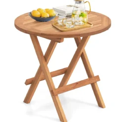 Beistelltisch klappbar wetterfester Klapptisch aus Teakholz runder Balkontisch 50 x 50 cm Natur